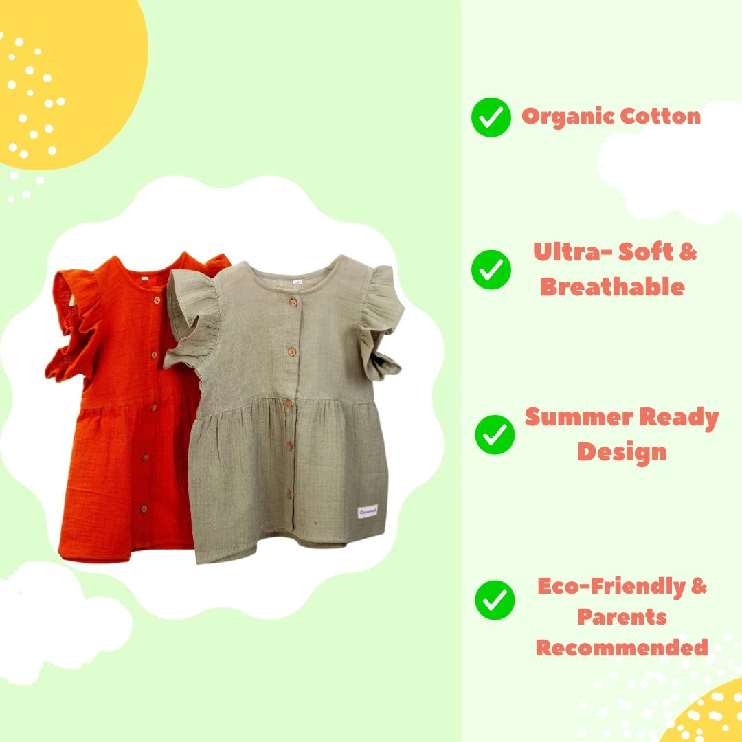 Pack of 2 Organic Cotton Frocks – Rustic Red & Olive Green | Super Breathable, Summer Friendly - Coconest Kids