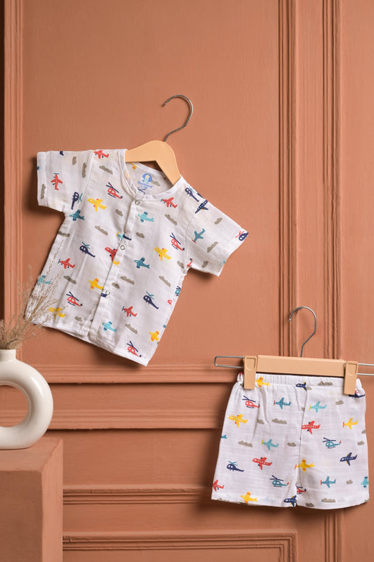 Muslin Jhabla Short Set- Little Aviator Print - Coconest Kids 