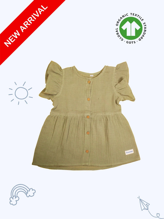 Coconest Kids-Crinkled Organic Cotton Frock- Olive Green