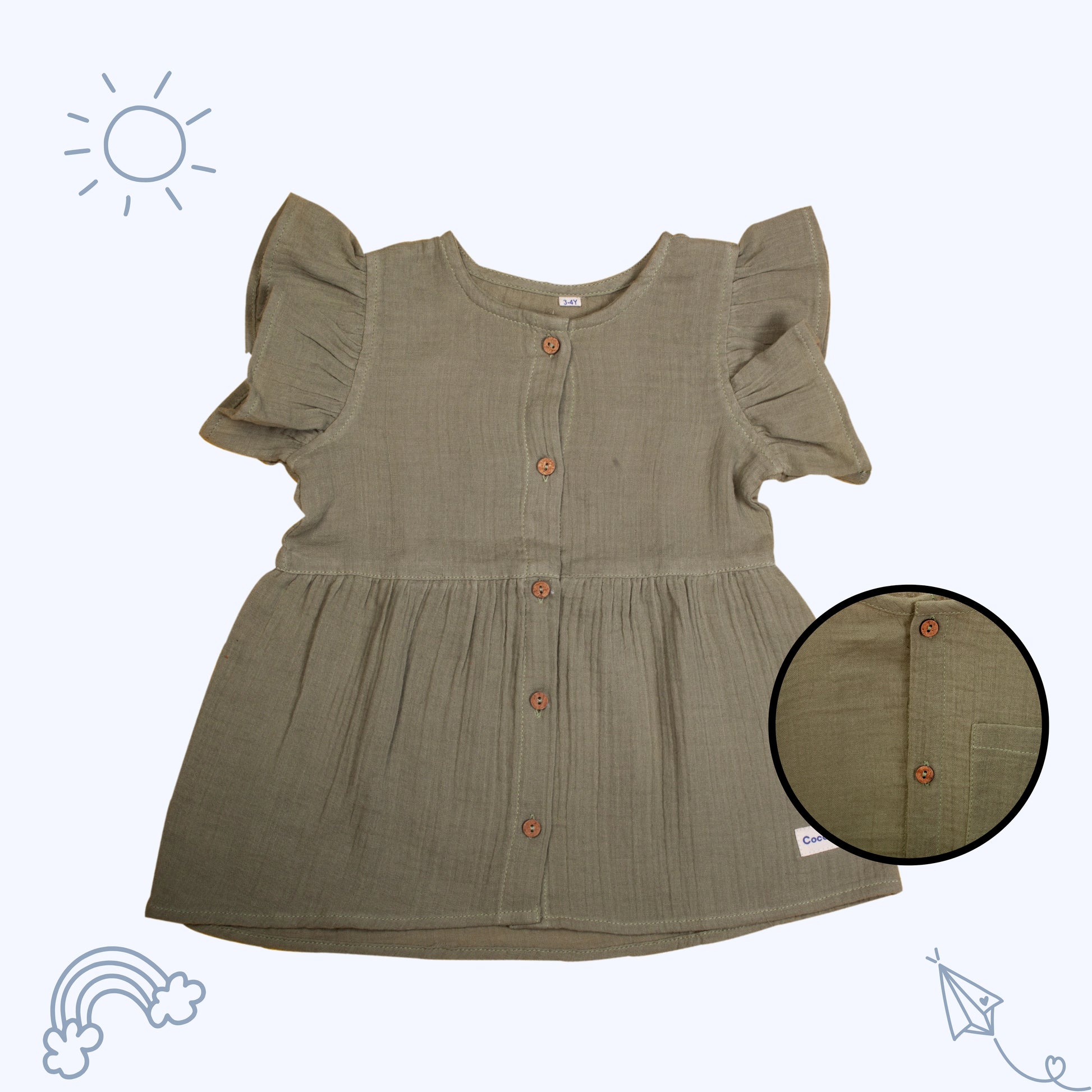 Crinkled Organic Cotton Frock- Olive Green - Coconest Kids 