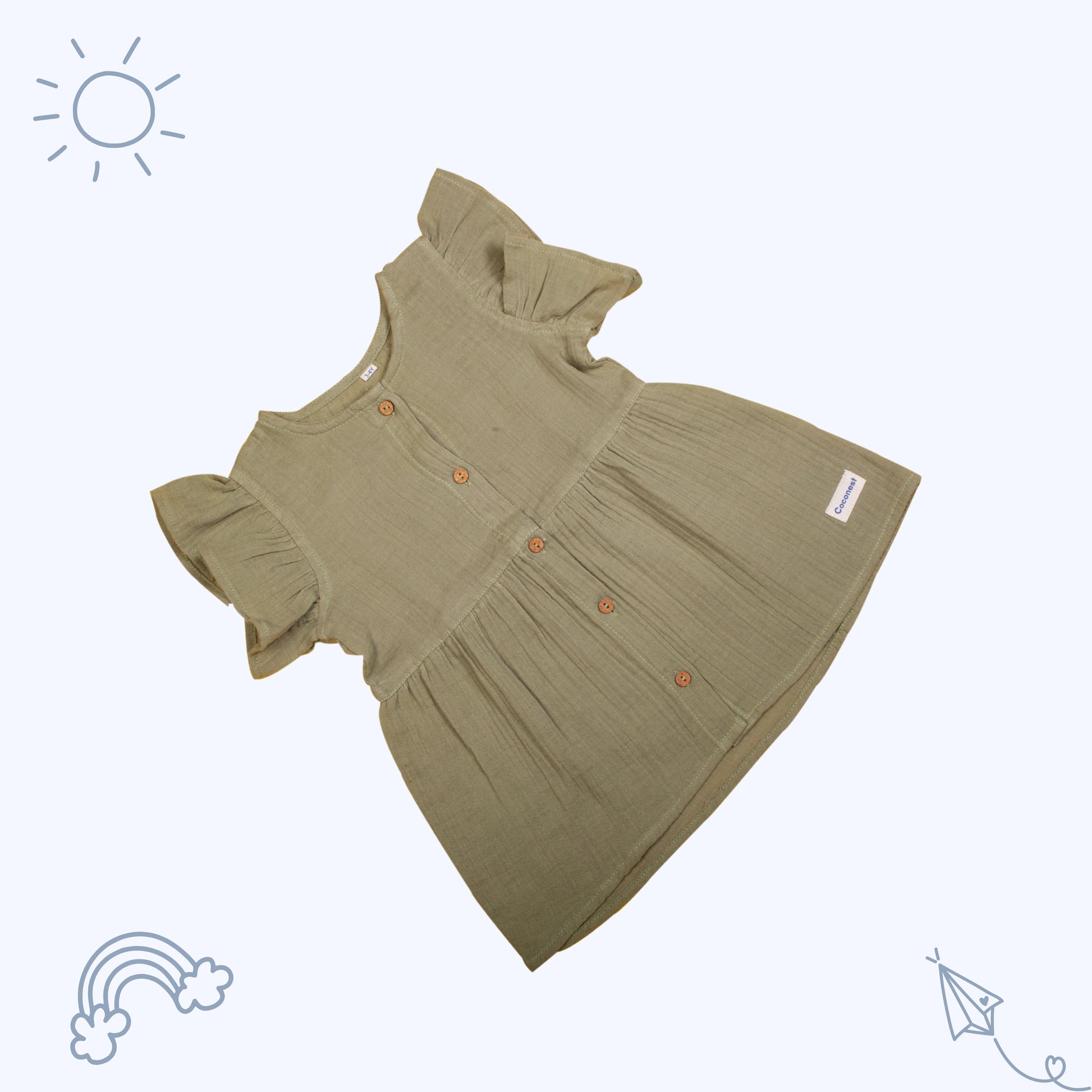 Crinkled Organic Cotton Frock- Olive Green - Coconest Kids 