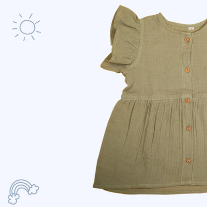 Crinkled Organic Cotton Frock- Olive Green - Coconest Kids 