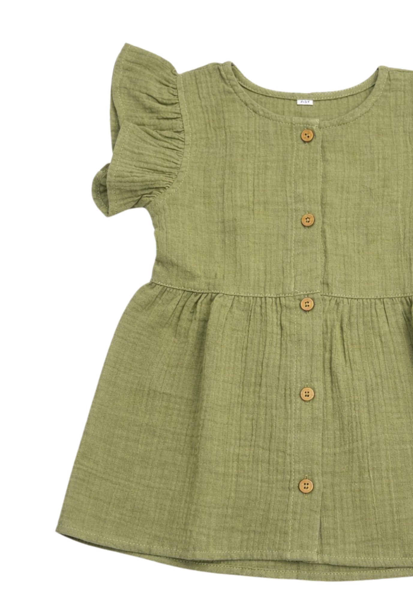 crinkled organic cotton baby toddler dress frock olive green front coconest kids