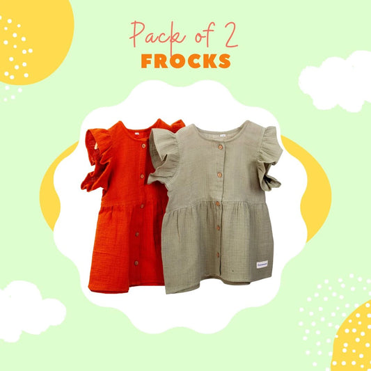 Coconest Kids- Pack of 2 Organic Cotton Frock- Rustic Red & Olive Green