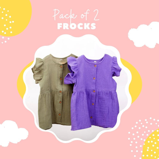 Coconest Kids-Pack of 2 Organic Cotton Frocks-Olive Green & Purple