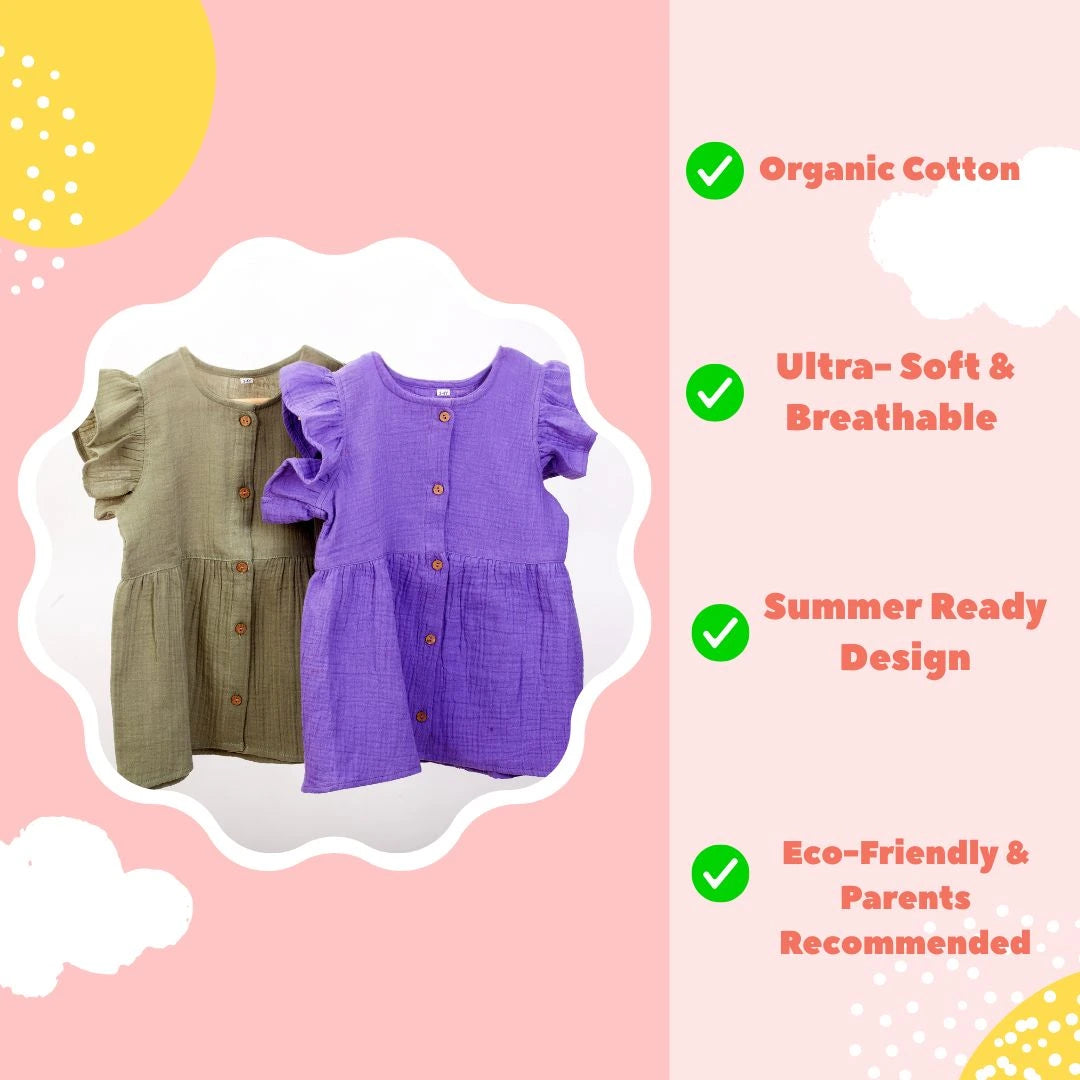 Pack of 2 Organic Cotton Frocks – Olive Green & Purple | Super Breathable, Summer Friendly - Coconest Kids 