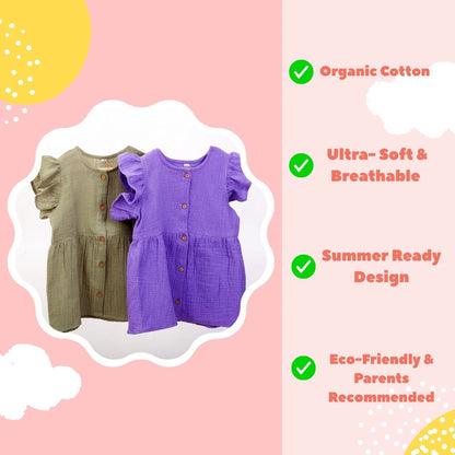 Pack of 2 Organic Cotton Frocks – Olive Green & Purple | Super Breathable, Summer Friendly - Coconest Kids 