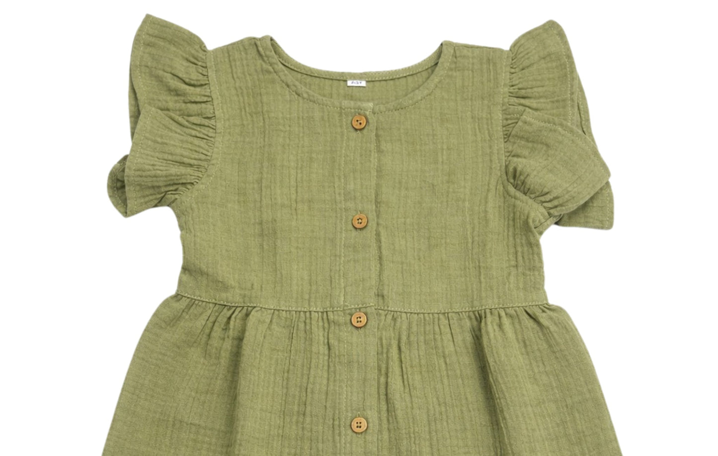 crinkled organic cotton baby toddler dress frock olive green buttons coconest kids