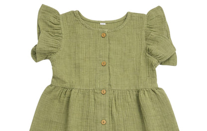 crinkled organic cotton baby toddler dress frock olive green buttons coconest kids
