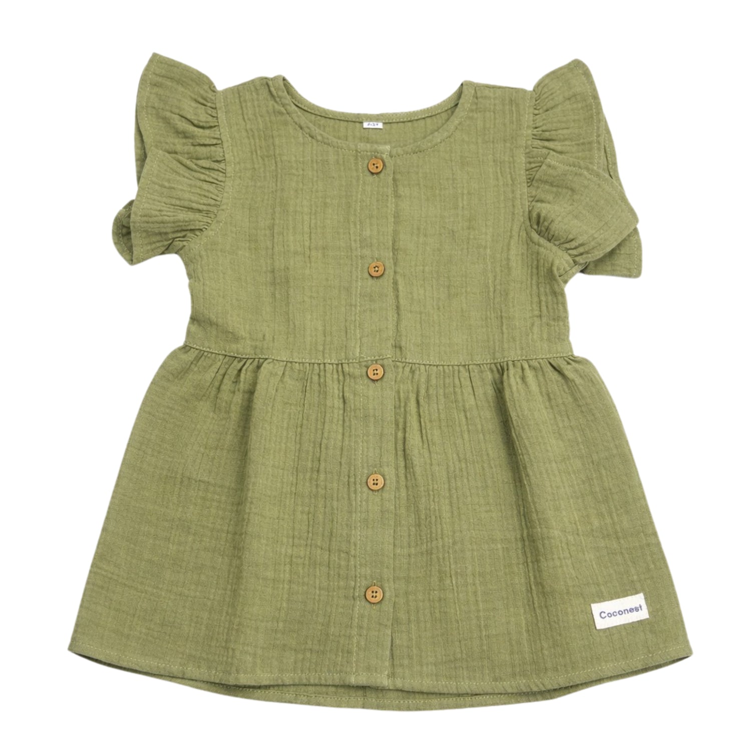 crinkled organic cotton baby toddler dress frock olive green coconest kids