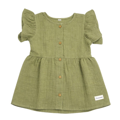 crinkled organic cotton baby toddler dress frock olive green coconest kids