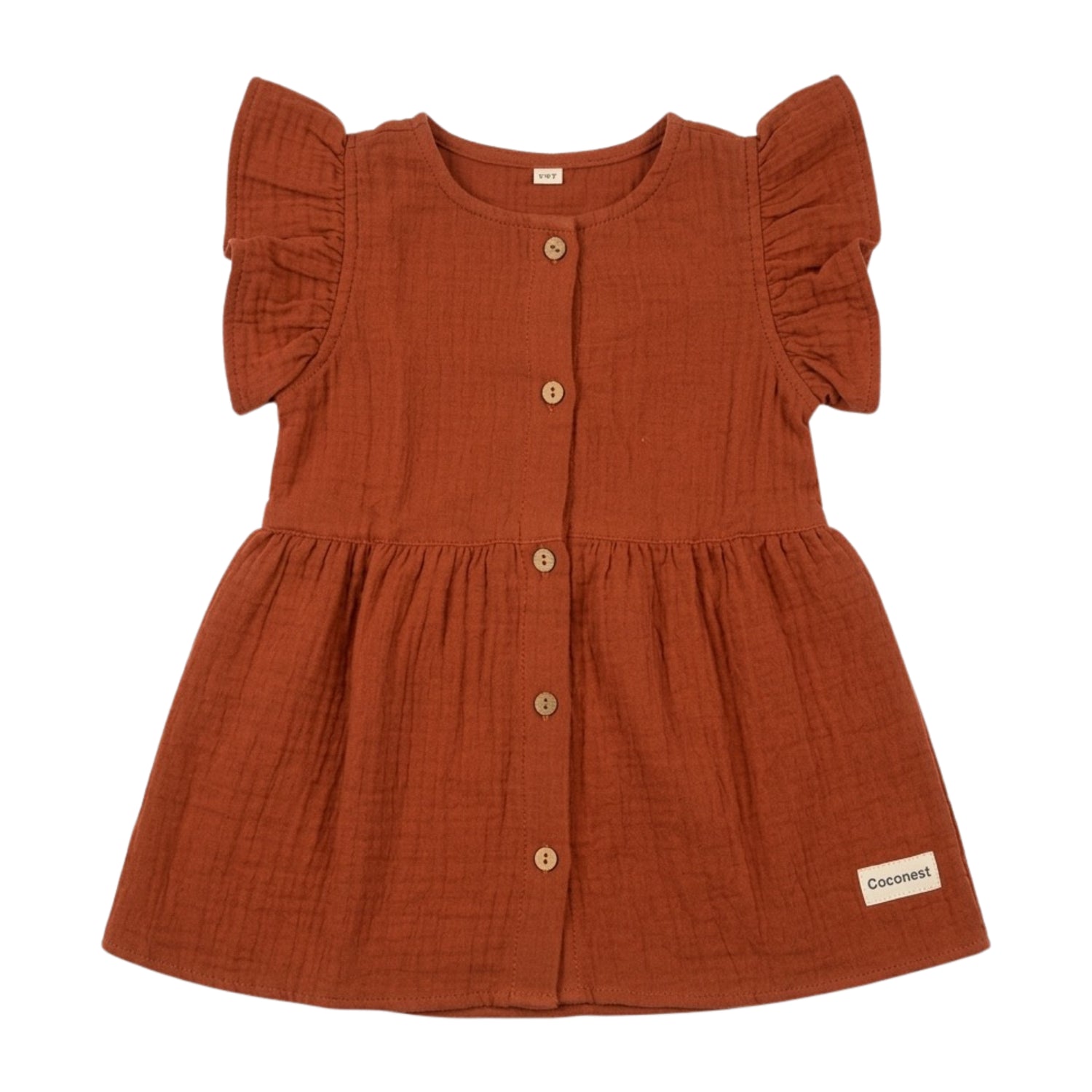 crinkled organic cotton baby and toddler dress frock in rustic red by coconest kids