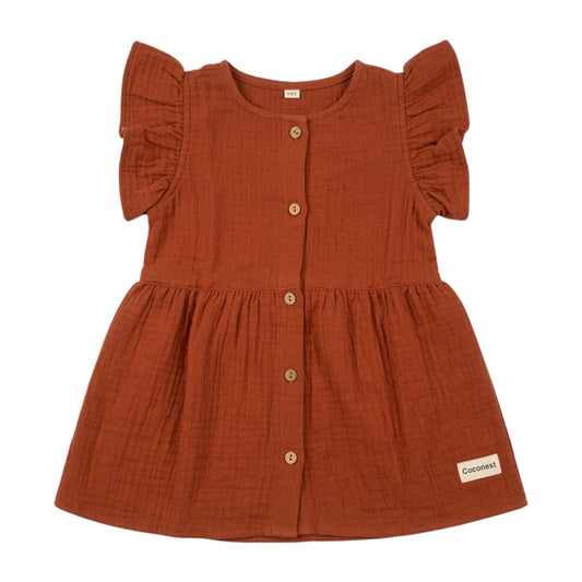 crinkled organic cotton baby and toddler dress frock in rustic red by coconest kids