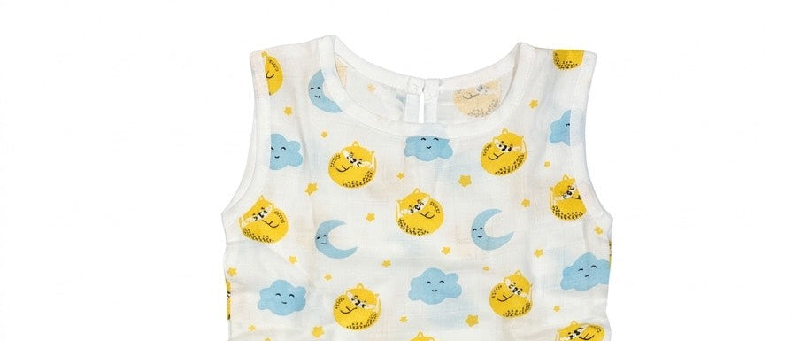 organic muslin baby frock neck sleepy fox print by coconest kids coconest 