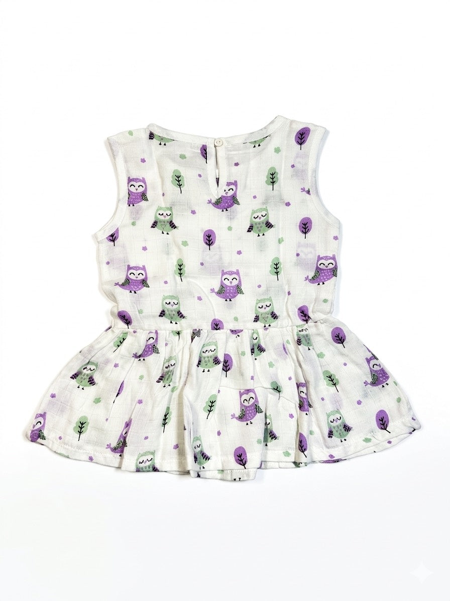 organic muslin baby toddler frock night owl print back by coconest kids coconest