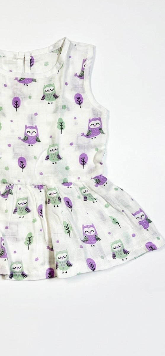 organic muslin baby toddler frock night owl print sleeve less by coconest kids coconest