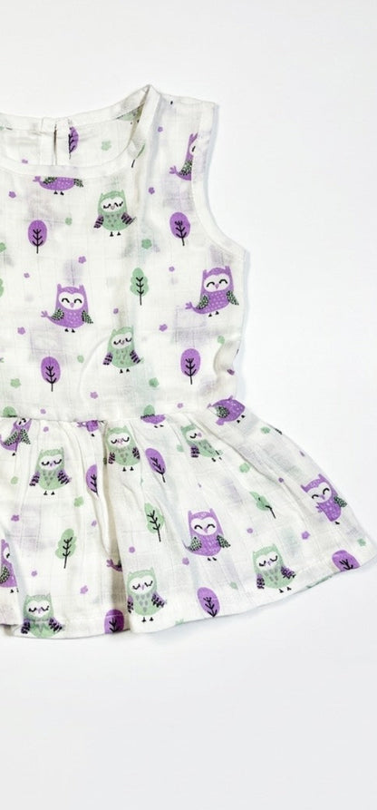 organic muslin baby toddler frock night owl print sleeve less by coconest kids coconest
